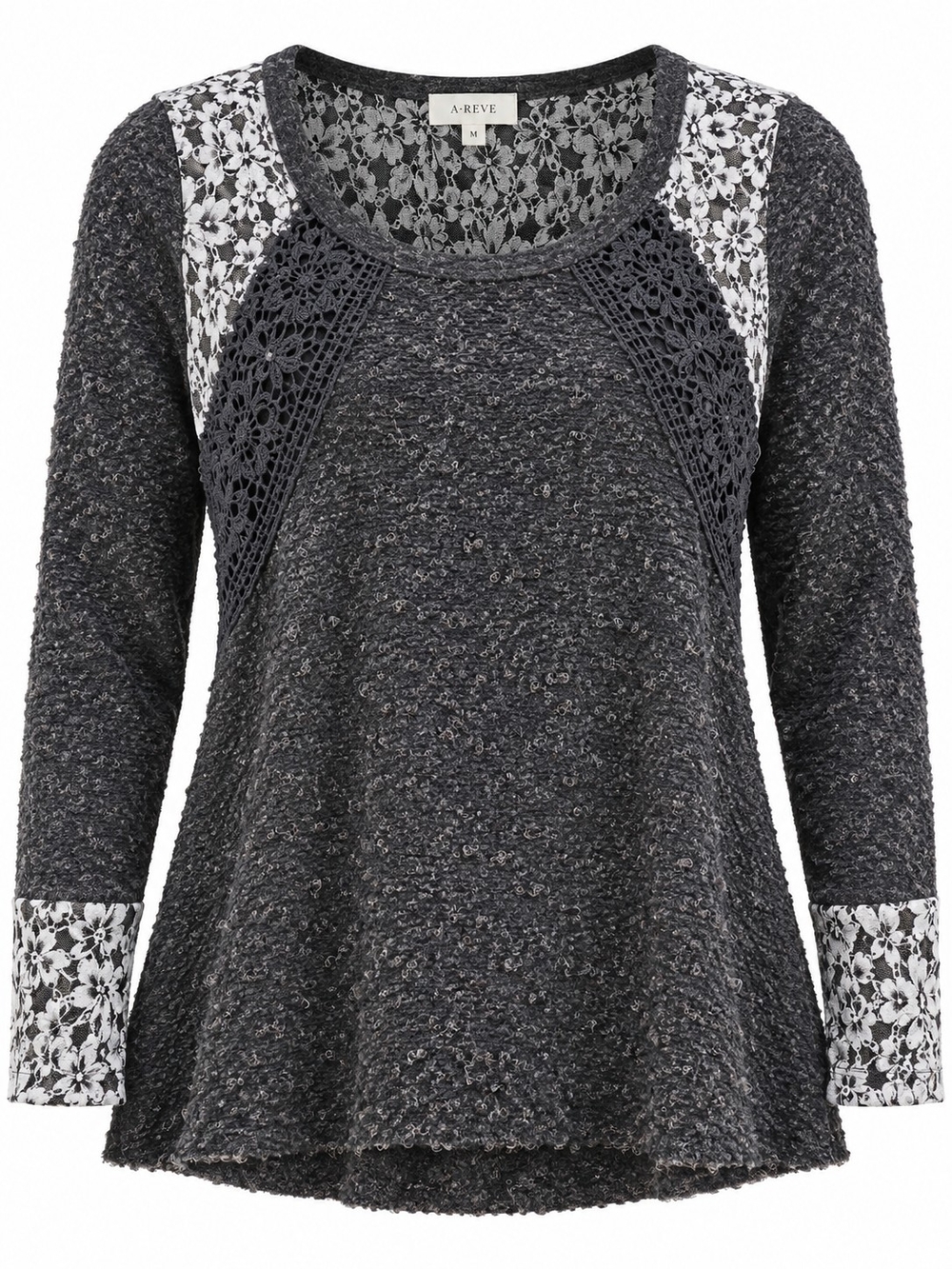 A'REVE | Boho Charcoal Lace Crochet Mixed Media Slub Swing Sweater Top | M